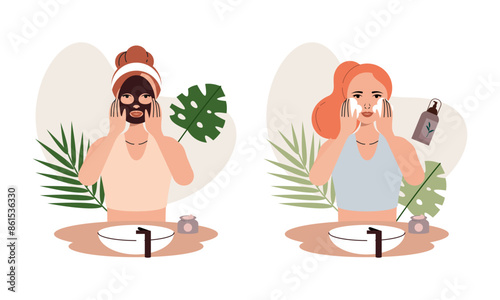 Women enjoy skin care routine at home illustration