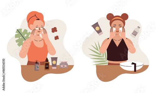 Women enjoy skin care routine at home illustration