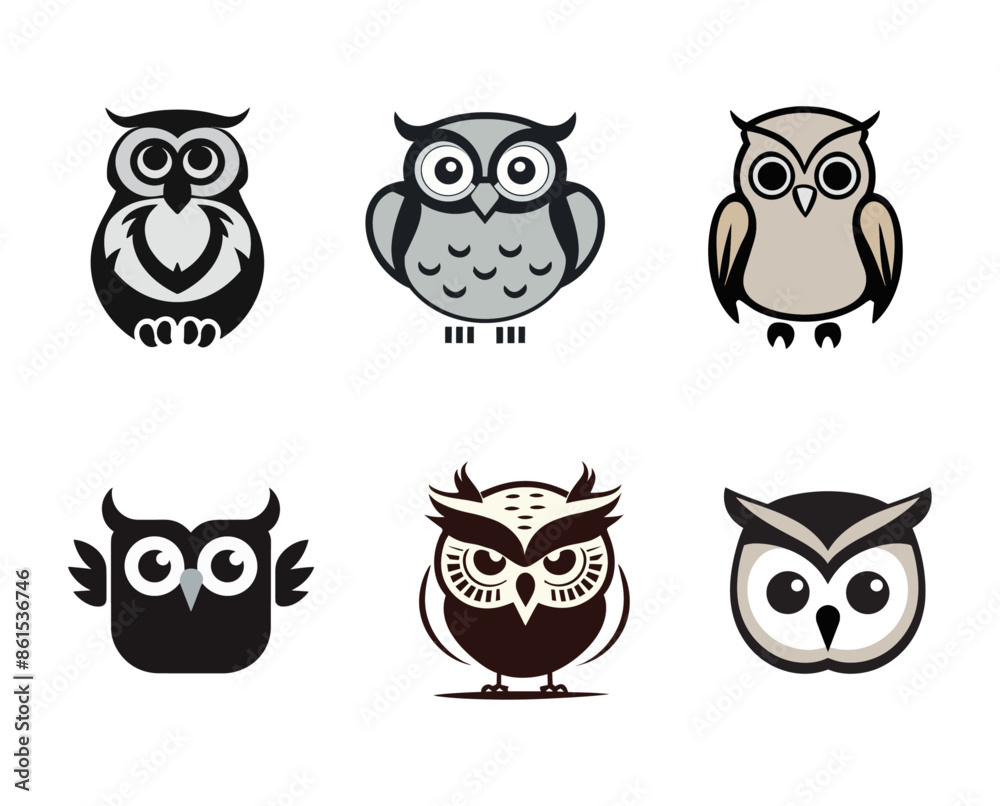Fototapeta premium A set of silhouette illustrations of cute owls, nocturnal bird silhouettes facing forward