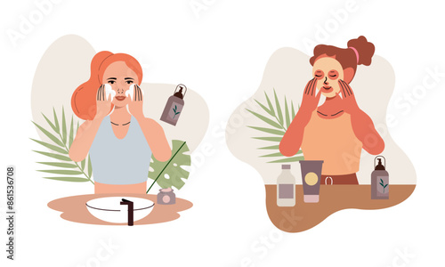 Women enjoy skin care routine at home illustration