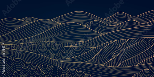 Vector gold landscape background, line hills and lake, mountain illustration, japanese style. Curve luxury pattern