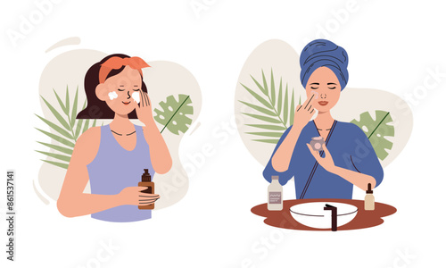 Women enjoy skin care routine at home illustration