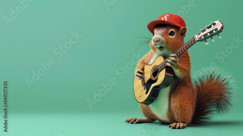 A cute squirrel wearing a red hat is playing the guitar. The squirrel is sitting on a green background and is looking at the camera. photo
