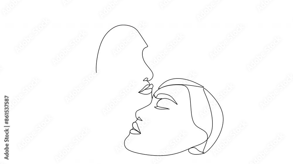 Linear drawing of a portrait of a couple in love. A man and a woman kiss. Linear drawing of a portrait of a couple in love. A man and a woman kiss.