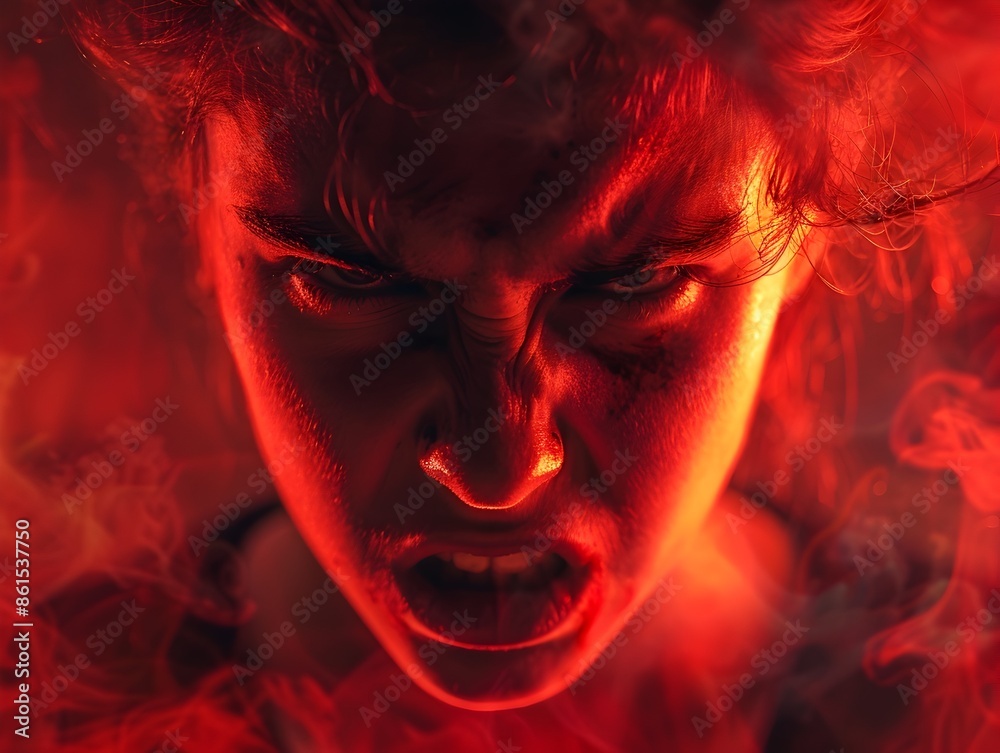 Dramatic Portrayal of Intense Anger and Emotion in Red Tinted Lighting Dramatic Portrayal of Intense Anger and Emotion in Red Tinted Lighting