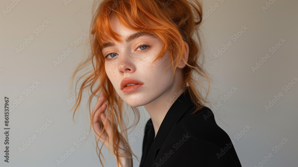 Striking Elegance: Orange-Haired Model in a Black Blazer Striking Elegance: Orange-Haired Model in a Black Blazer