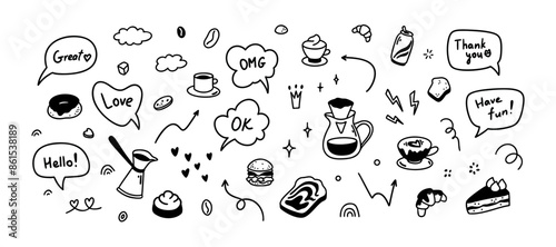Cute line doodle coffee icons. Cafe, patisserie, confectionary concept. Have a nice day, hello, thank you, OMG speech bubbles. Food and drink minimalist elements. Breakfast, brunch, lunch menu