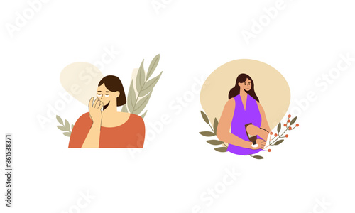 Women enjoy skin care routine at home illustration
