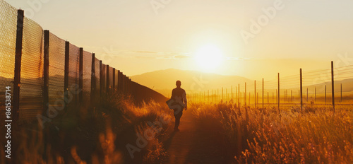 A migrant walks towards the setting sun at a border fence photo