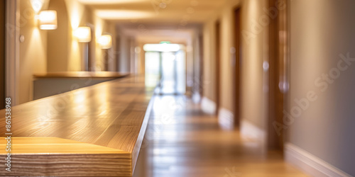 Reception desk and corridor hall in empty modern office or hotel. Business corporate background for branding, web and presentation