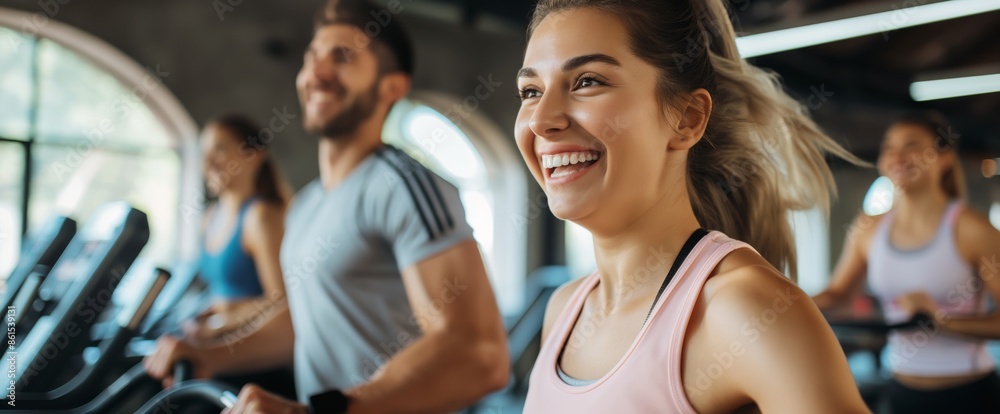 A group of individuals happily exercises on treadmills in a modern gym environment, fostering a sense of community and healthy living.