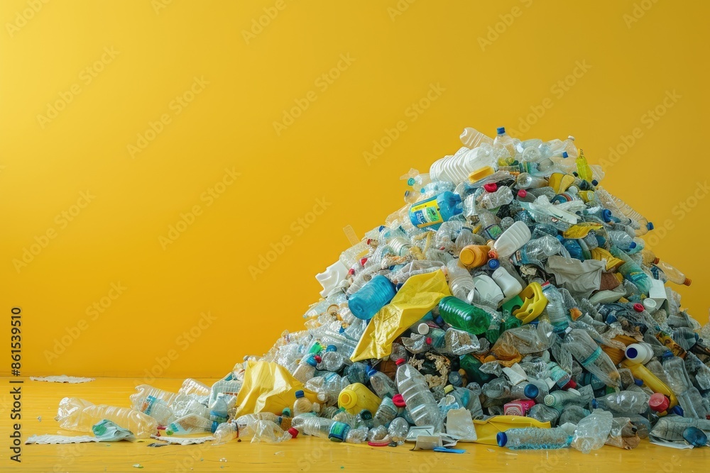 Naklejka premium Plastic garbage. Plastic bottles, bags on yellow background. A mountain of garbage. Ecology. Secondary use.