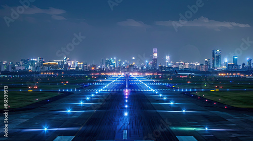 Nighttime View of International Airport Runway with City Skyline