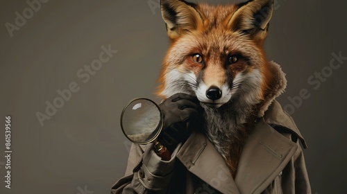 A fox wearing a trench coat and holding a magnifying glass. The fox is looking at the camera with a curious expression. photo