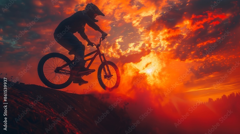 Obraz premium Silhouette of cyclist performing stunt at sunset