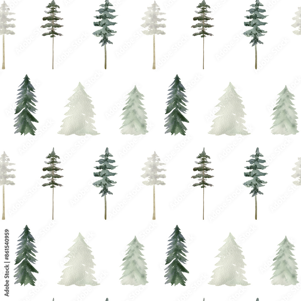 Obraz premium Watercolor seamless pattern with pine trees for fabric, wrapping paper, etc.