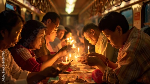 Passengers lighting candles and incense as they pray and offer blessings for a joyful and prosperous cultural celebration on the train.