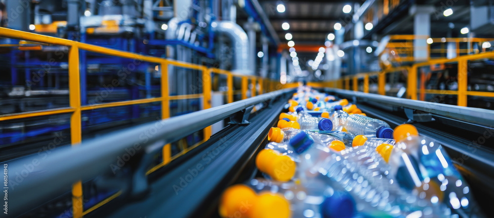 Plastic bottle sorting and processing conveyor belt in industrial plant Plastic bottle sorting and processing conveyor belt in industrial plant