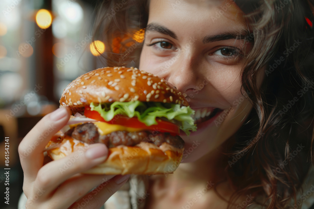 Woman about to take a bite of cheeseburger with fresh lettuce, tomato and cheese Woman about to take a bite of cheeseburger with fresh lettuce, tomato and cheese