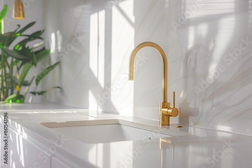 Kitchen sink. Modern new gold faucet, marble countertop. Stylish white sink, Brass faucets in light interior. Golden tap. Domestic Appliances. Gray clean bright household equipment. Contemporary style