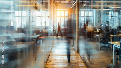 Modern open-space office with natural daylight streaming through large windows, creating a dynamic atmosphere as people move around, capturing the essence of contemporary workplace design