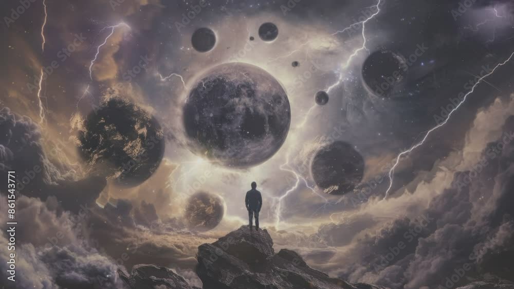 black clouds and lightning flashes on outer space planet