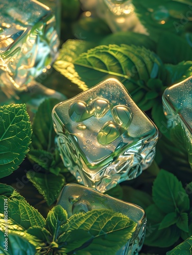
ice cubes, green and yellow colors, light lemon colors photo