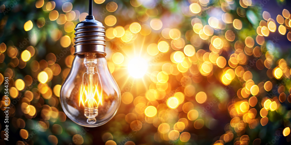 Light bulb emitting bokeh background with a sunset glow, representing a bright idea or inspiration. Light bulb emitting bokeh background with a sunset glow, representing a bright idea or inspiration.