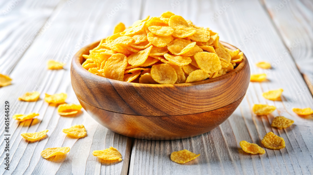 Wooden bowl filled with golden cornflakes on a white wooden table, with scattered flakes around, highlighting a healthy breakfast option. Wooden bowl filled with golden cornflakes on a white wooden table, with scattered flakes around, highlighting a healthy breakfast option.