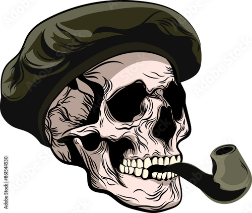 human skull wearing green beret hat, smoking pipe