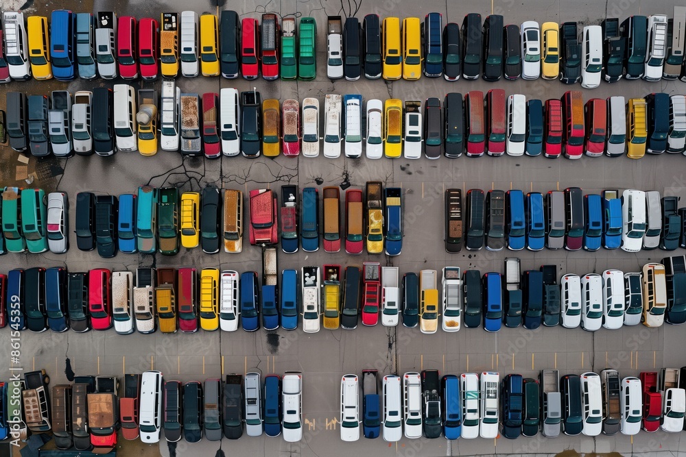 Aerial view of a parking lot with numerous cars parked in neat rows, featuring a variety of car colors. Aerial view of a parking lot with numerous cars parked in neat rows, featuring a variety of car colors.
