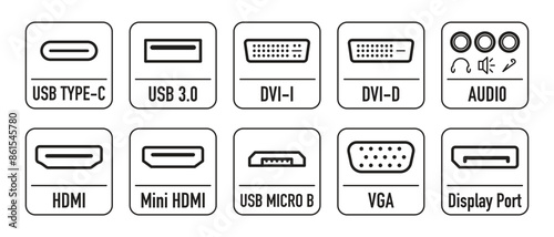 A set of icons Display port, DVI-D, input for mini-jack 3.5, USB 3.0, USB Type-c, USB Micro B, and others.