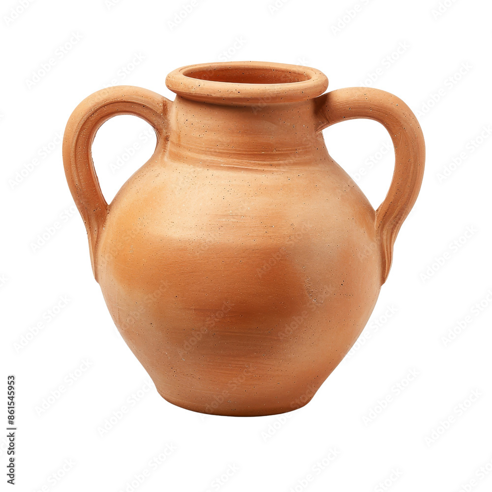 Traditional terracotta water jug with two handles and a spout on transparent background clipart for traditional use