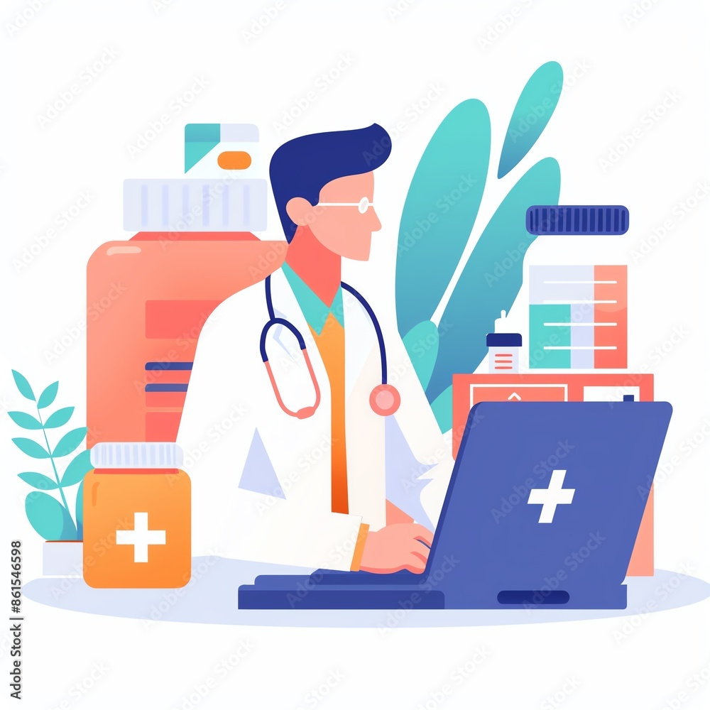 Patient confirming an online prescription order on a laptop, confirming prescription, digital healthcare process Patient confirming an online prescription order on a laptop, confirming prescription, digital healthcare process