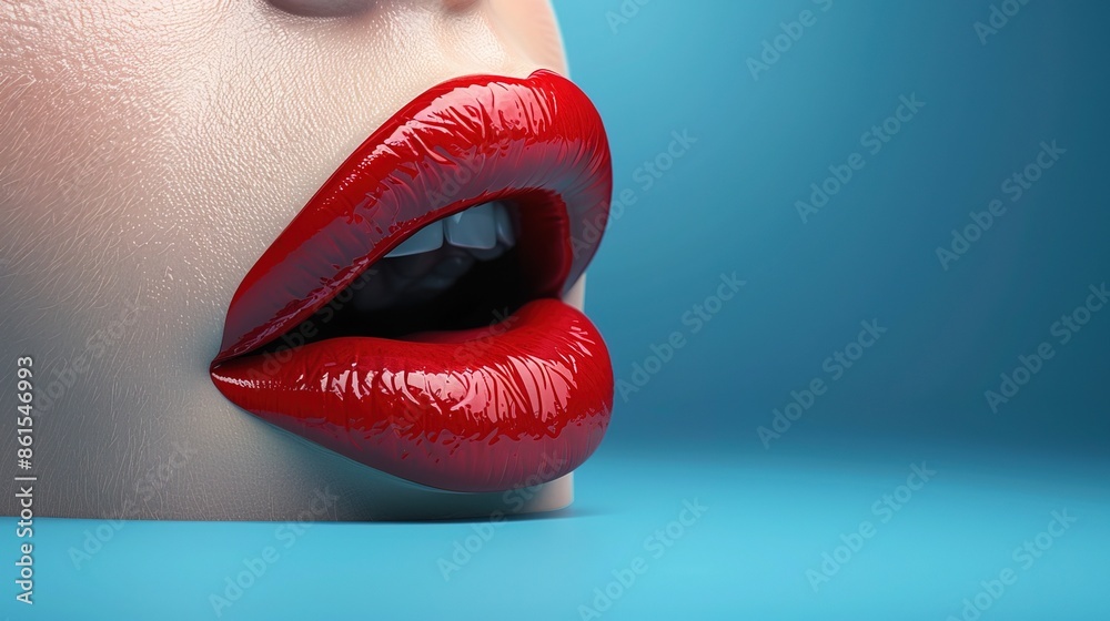 Obraz premium Sexy female 3d lips with red lipstick isolated on blue background banner illustration