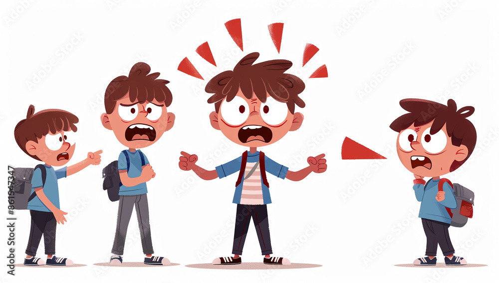 Fototapeta premium Sad Schoolboy with Backpack Surrounded by Pointing Fingers. Concept of School Bullying and Victim Support. bullying at school
