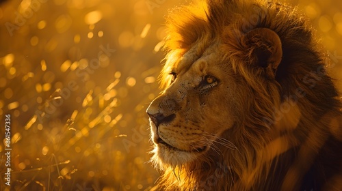 Majestic Lion Gazing Across Golden Savannah Backdrop Wildlife Portrait Concept