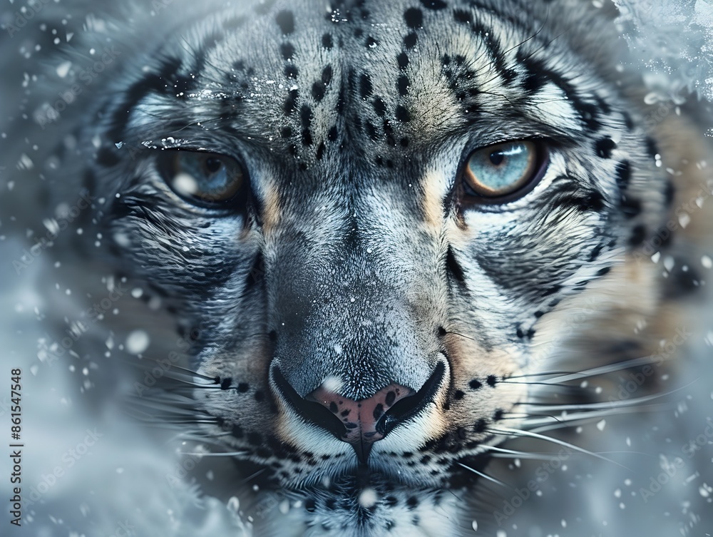 Obraz premium Majestic Snow Leopard Blending into Its Icy Habitat with Piercing Eyes