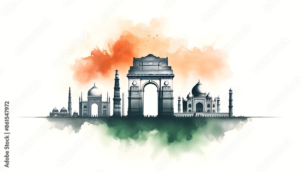 Fototapeta premium Watercolor illustration for india independence day with famous monuments silhouette.