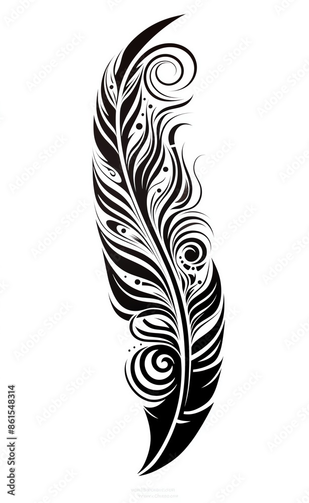 Stylized black ink feather design with intricate patterns. Ideal for tattoos, art prints, and decorative purposes. Stylized black ink feather design with intricate patterns. Ideal for tattoos, art prints, and decorative purposes.