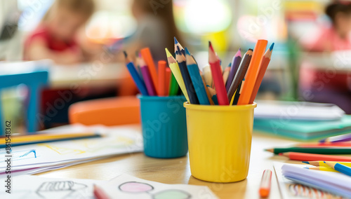 Multicolored Pencils in Office Drawer and Pencil Case. School and Office Supplies Concept