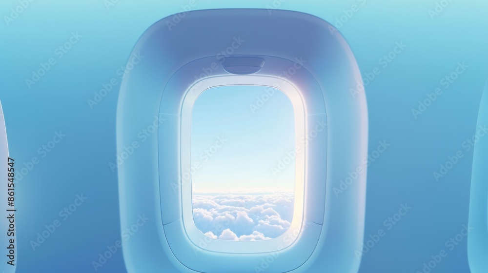 Obraz premium Airplane window concept Blue background, view from the window