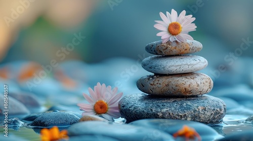 A balanced stack of smooth stones adorned with flowers symbolizes peace and balance, set against a soft, tranquil background that enhances the feeling of calmness.