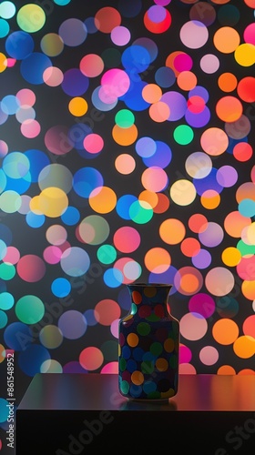 A Living Room With A Colorful Polka Dots Wall.
