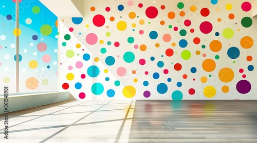 A Living Room With A Colorful Polka Dots Wall.
