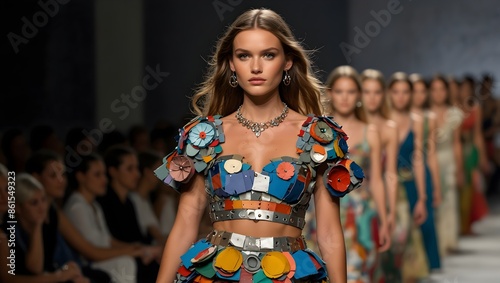 A fashion show where models strut down the runway wearing clothing made entirely from recycled materials ai-generated