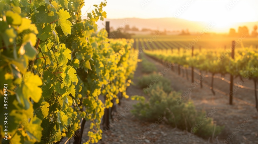 Naklejka premium Rows of grapevines stretching into the distance and the sky painted in warm hues