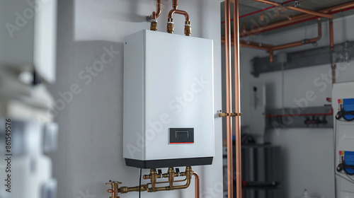 modern tankless water heater installed in a basement, the unit is connected to copper pipes and is mounted on a wall in a clean, organized utility room. Tsleek design and functionality photo