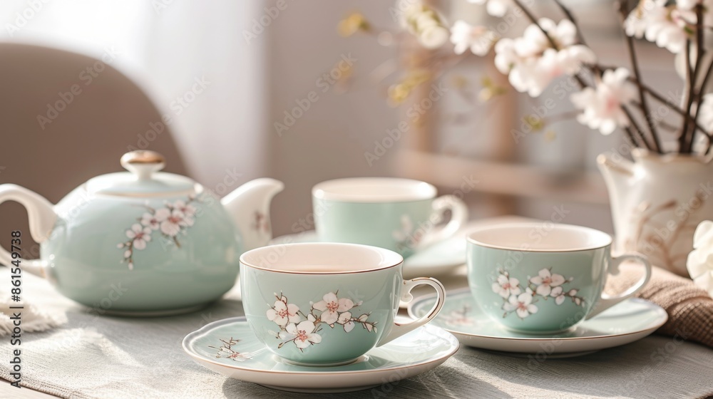 Fototapeta premium An elegant tea set with delicate porcelain cups and a teapot, arranged on a beautifully set table