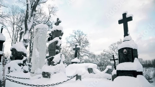 Footage of Rasos XIX century cemetery on winter day. VILNIUS, LITHUANIA - 01 15 2024. photo